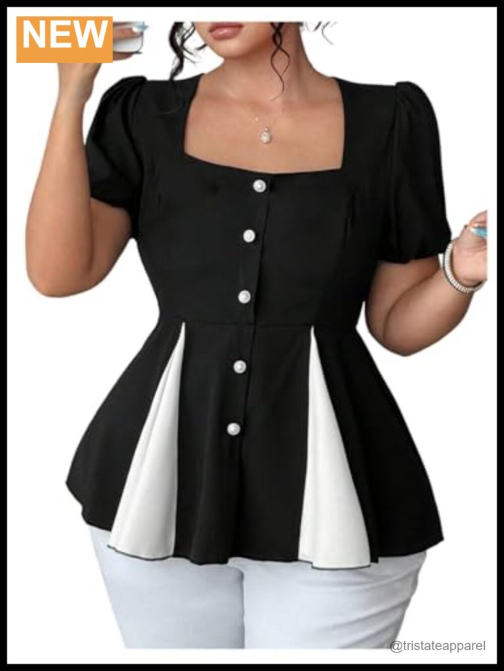 Women's Plus Size Square Neck Puff Sleeve Peplum Top with Faux Pearl